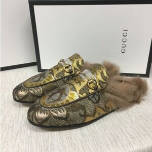 ISO Gucci Brocade Metallic Fur Mules